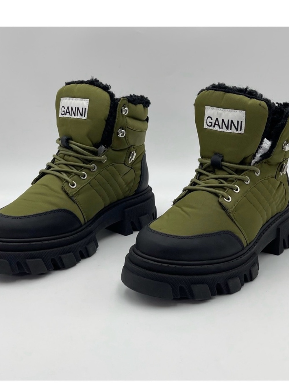 Ganni Olive Green Quilted Lace-Up Lug Boots with Black Trim
